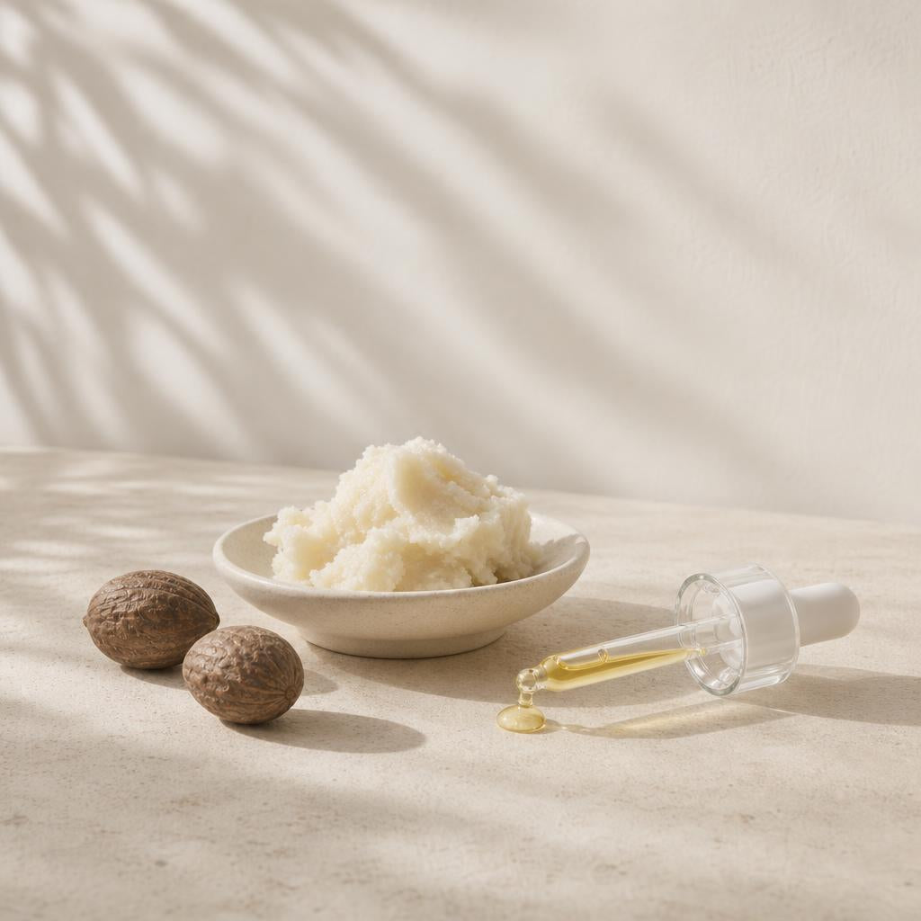 Beurre de karité, noix de karité et une goutte d'huile de vitamine E