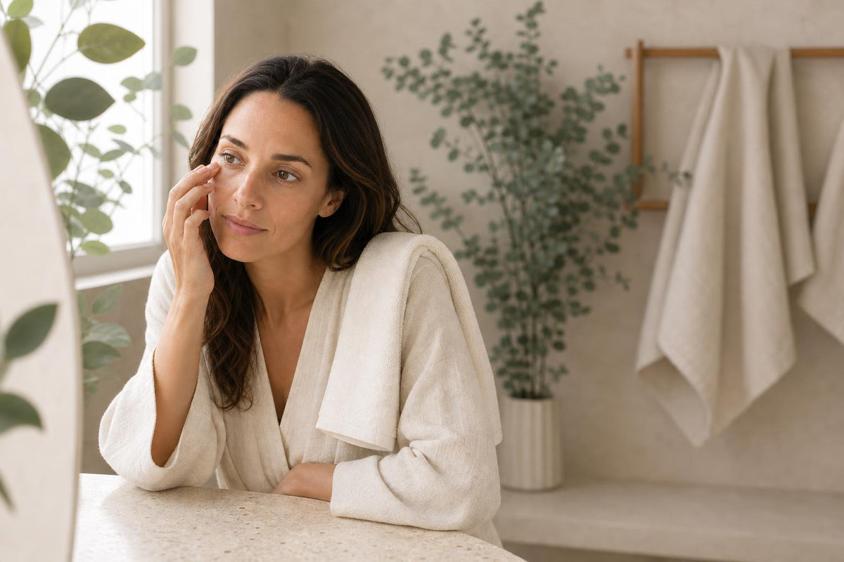 Une femme qui examine le contour de ses yeux dans le miroir le matin