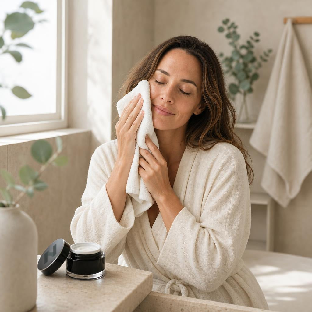 Femme s'essuyant le visage propre avec une serviette