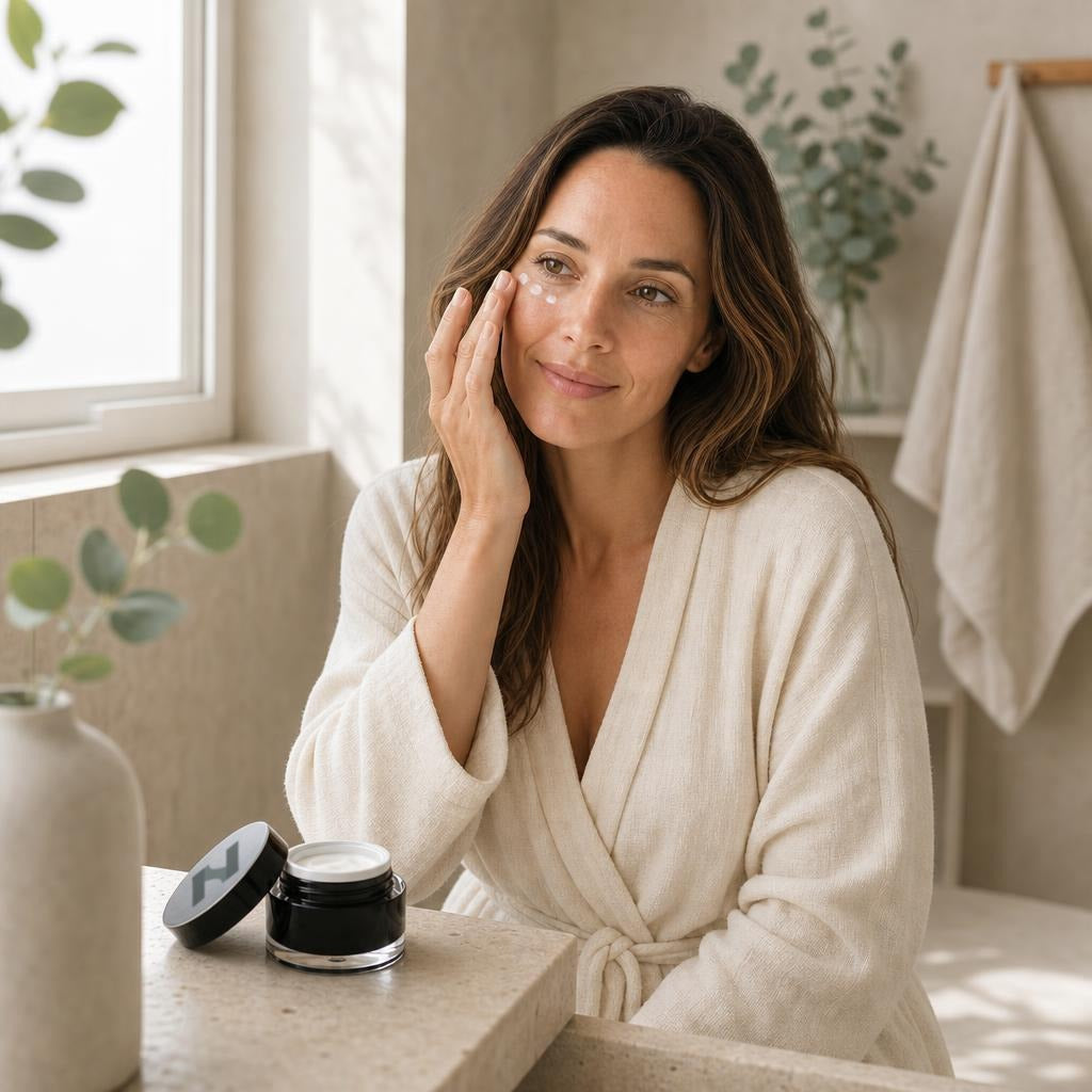 Femme tapotant la crème le long du contour sous l'œil