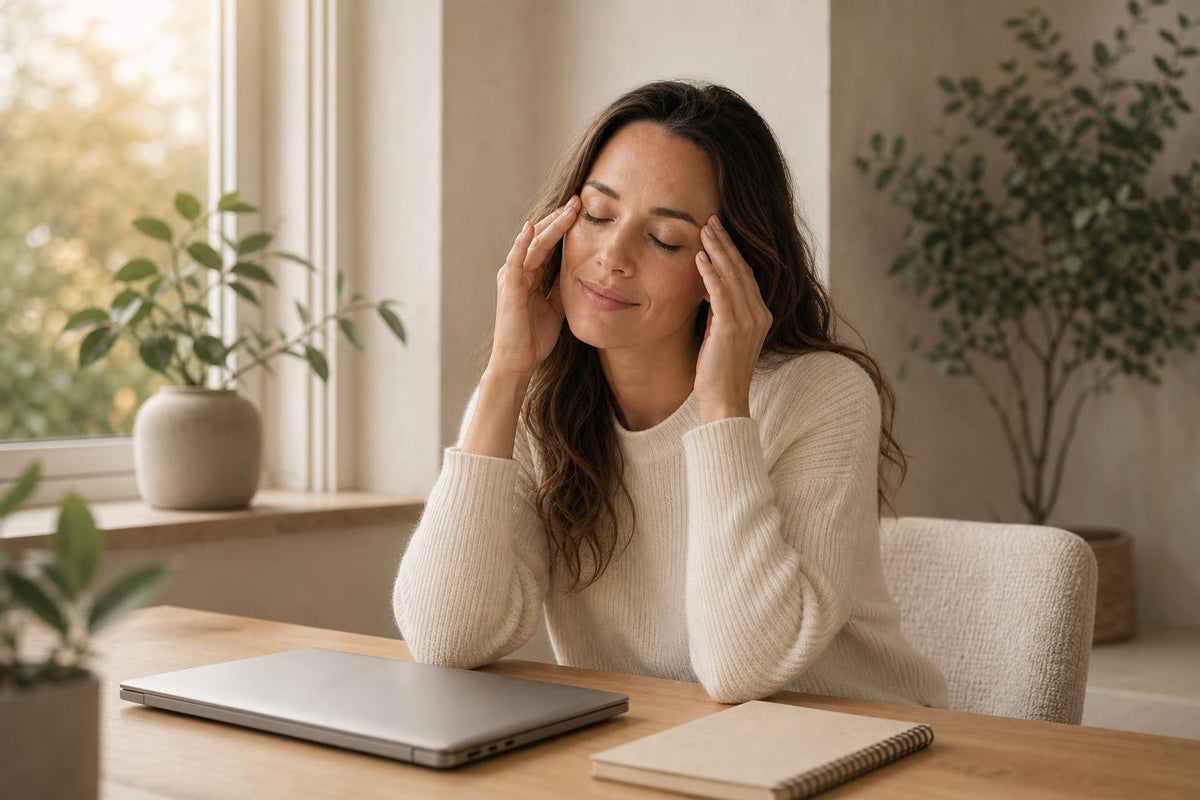 Femme se reposant les yeux à son bureau après une longue journée