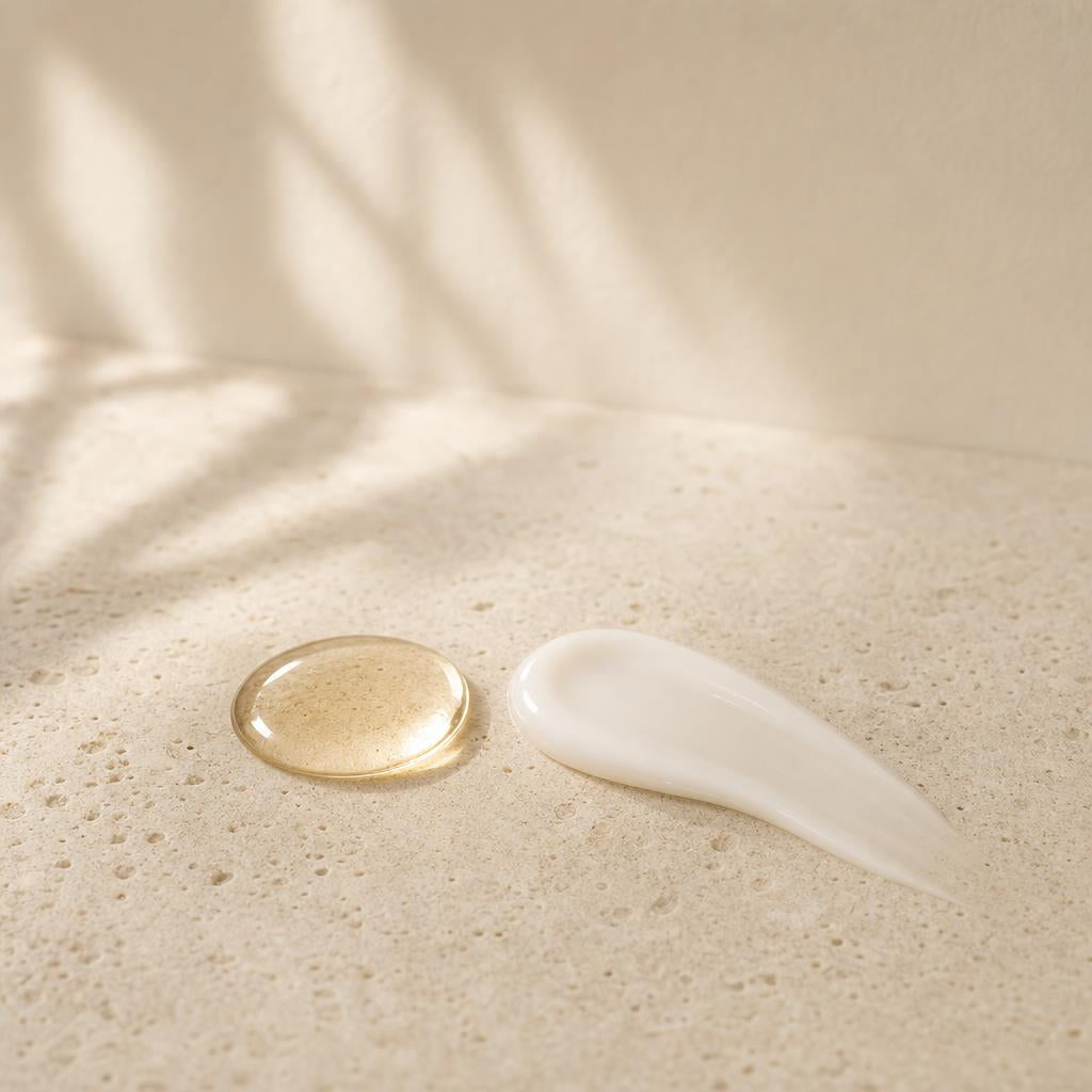 Goutte d'huile légère à côté d'une touche de sérum