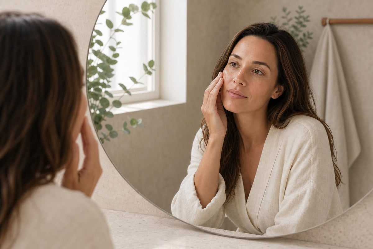 Une femme se touchant la joue devant le miroir