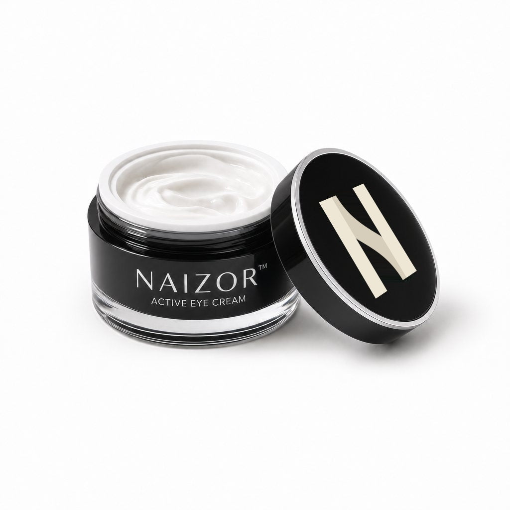 Open jar of NAIZOR™ Active Eye Cream next to its lid with the N logo