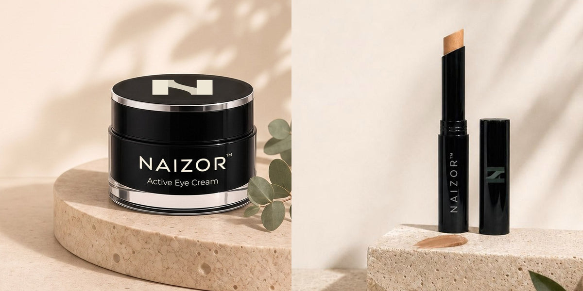 NAIZOR Active Eye Cream and Creme Concealer Stick in Honey, side by side