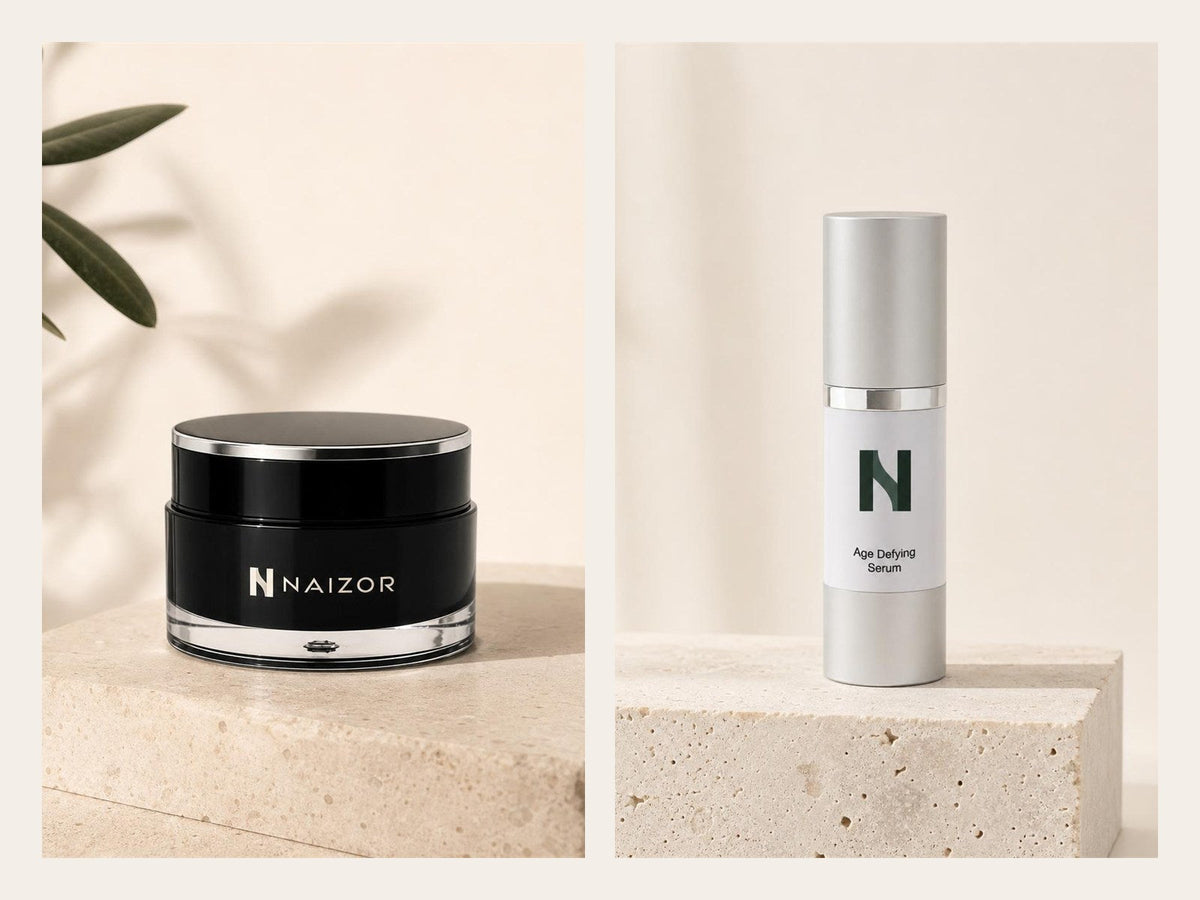 NAIZOR Active Eye Cream and Age Defying Serum, side by side on travertine