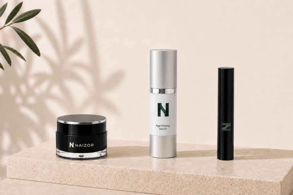 NAIZOR Active Eye Cream, Age Defying Serum and Creme Concealer Stick together on a travertine plinth