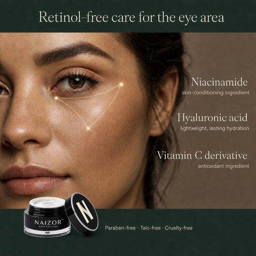 NAIZOR Active Eye Cream infographic: retinol-free care for the eye area with niacinamide, hyaluronic acid and a vitamin C derivative