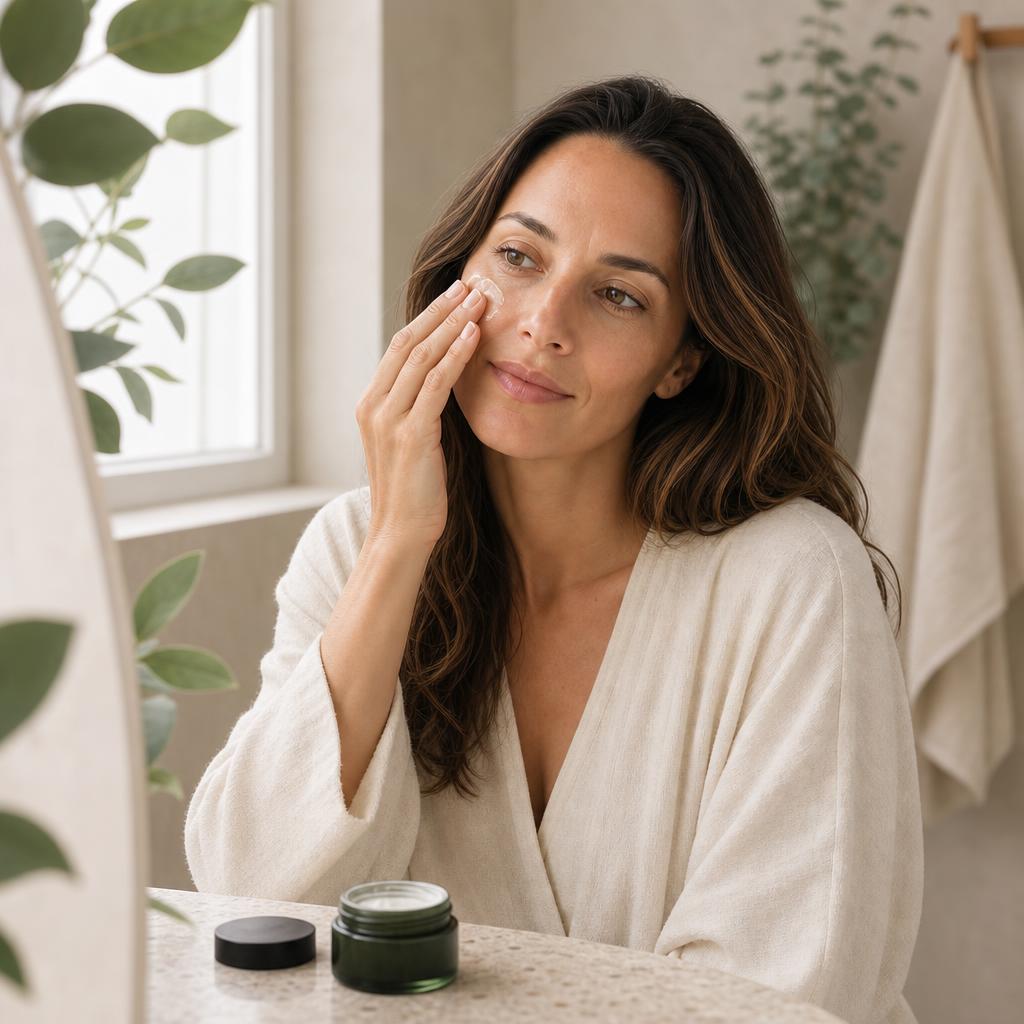 Femme appliquant une crème hydratante avant le maquillage