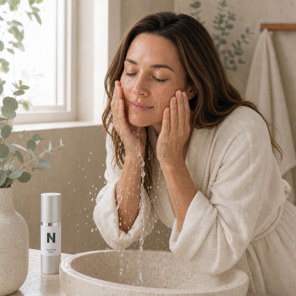 Femme se rinçant le visage à l'eau