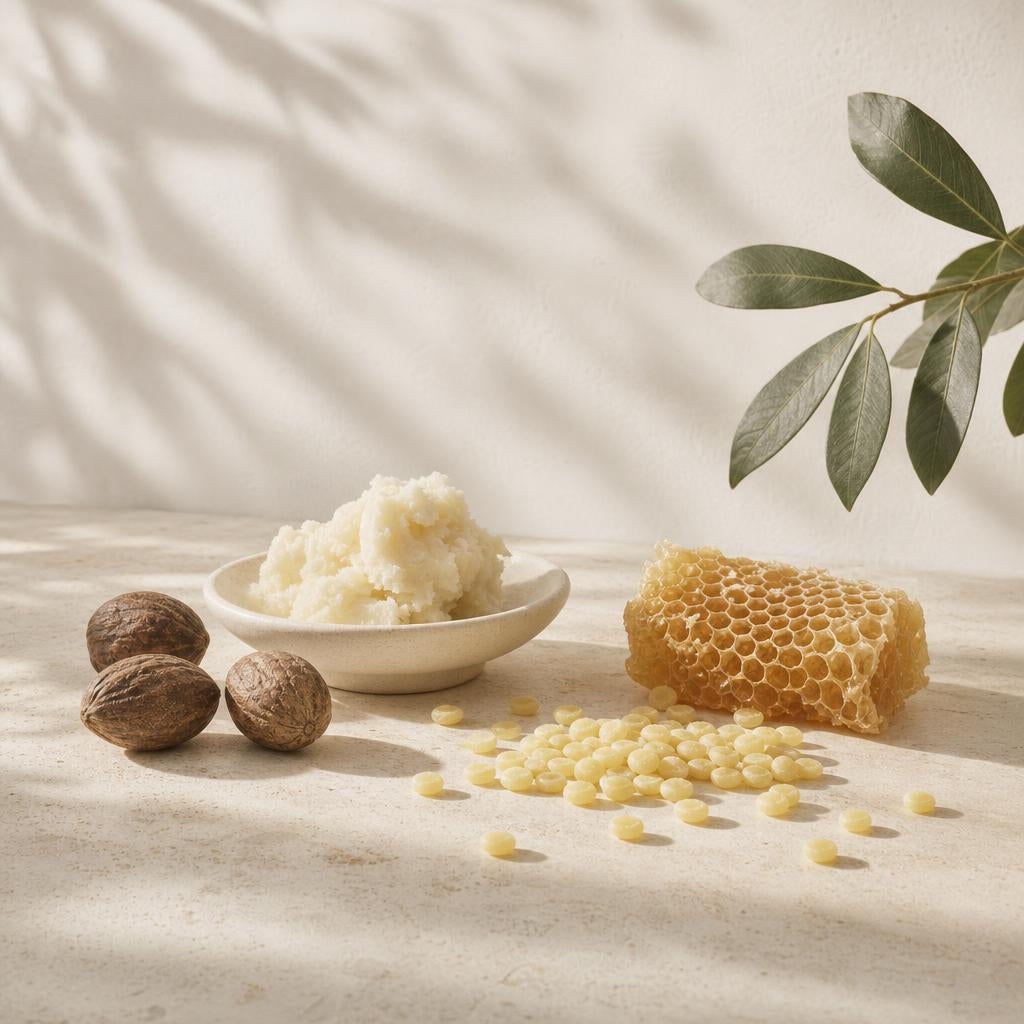 Shea butter, shea nuts, beeswax pellets and honeycomb