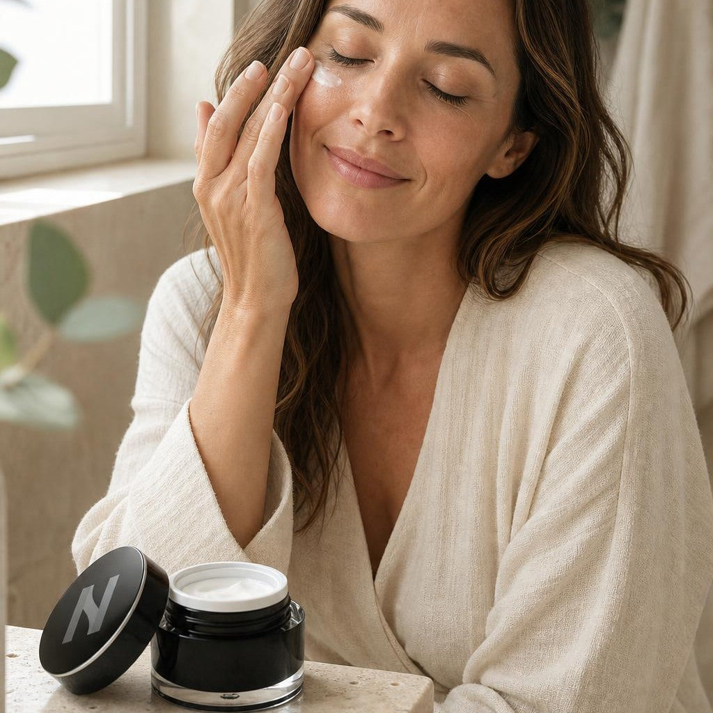 Woman gently applying Active Eye Cream around the eye contour