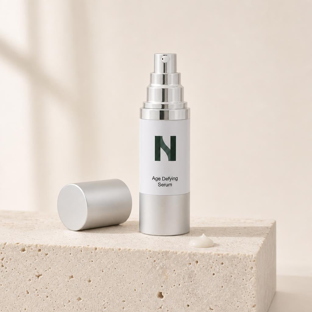 Age Defying Serum with the cap off and a drop of serum