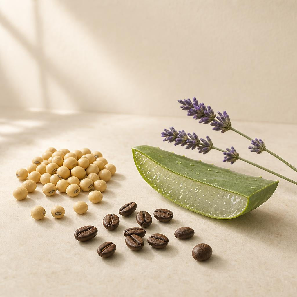Soybeans, coffee beans, aloe vera and lavender