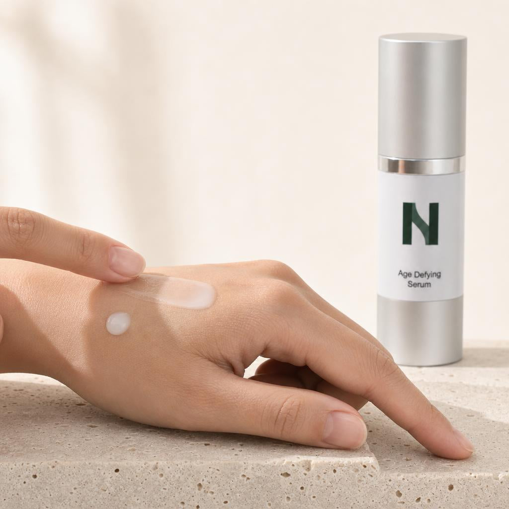 Age Defying Serum texture on the back of a hand