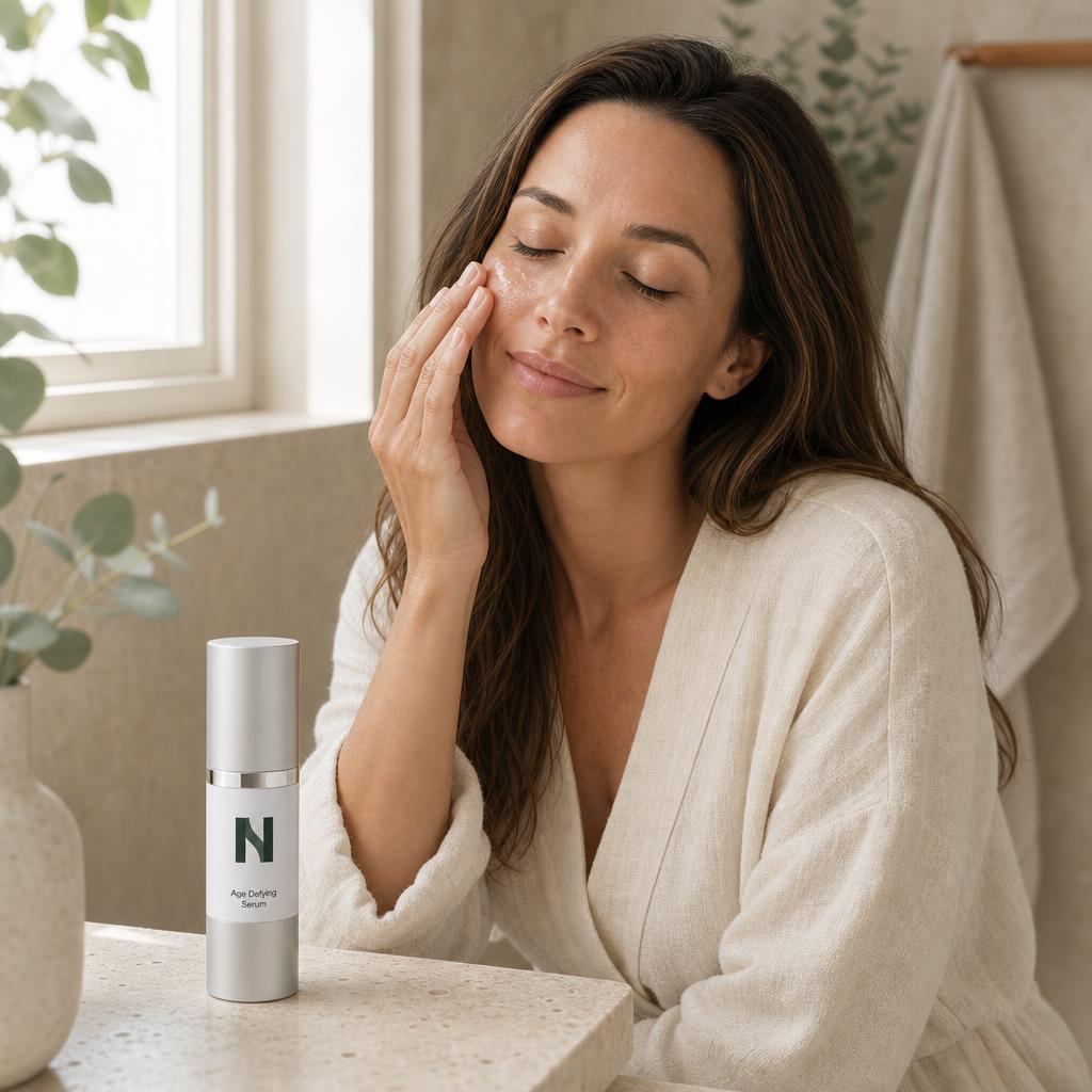Woman pressing Age Defying Serum into her cheek