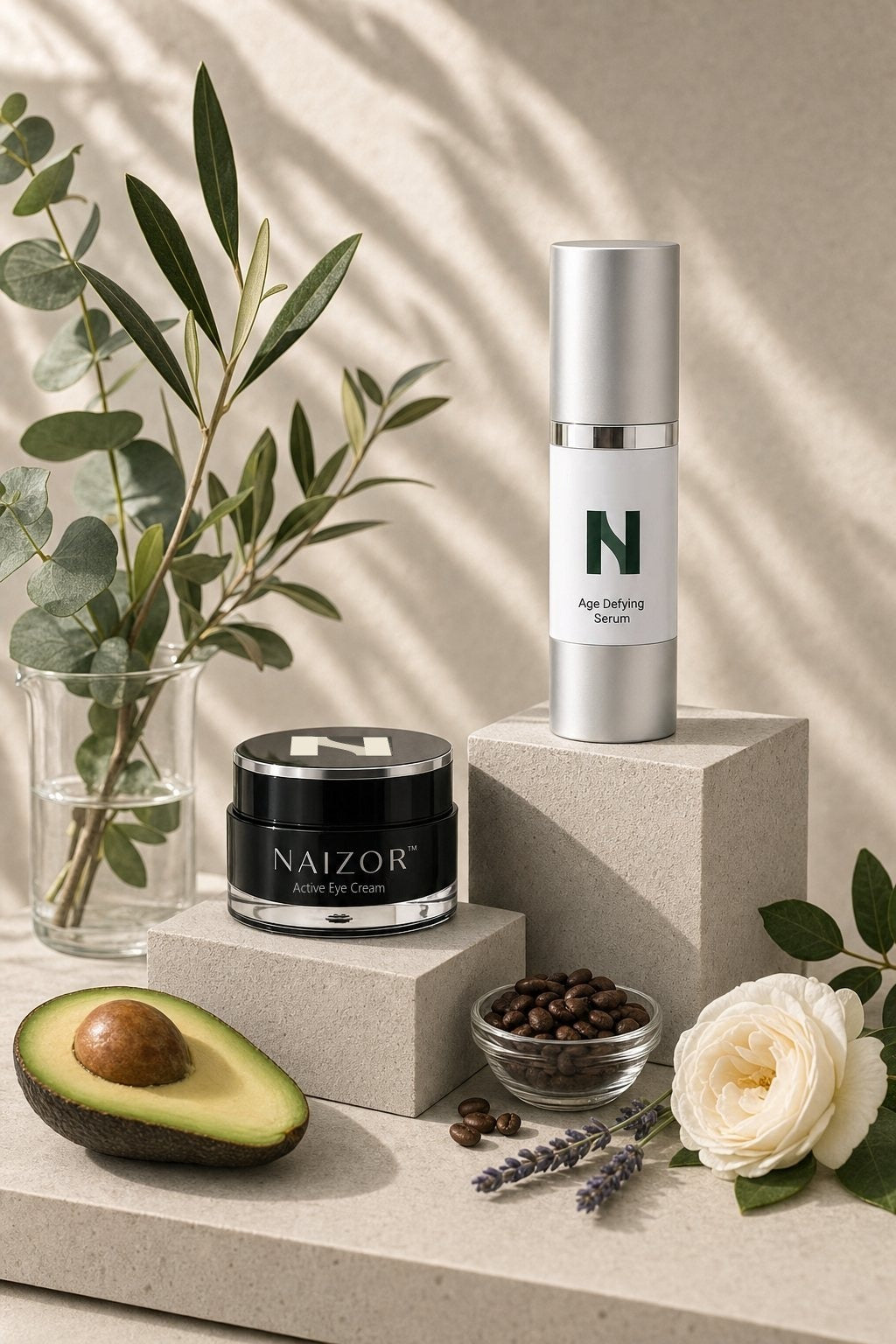 NAIZOR Active Eye Cream and Age Defying Serum on stone blocks with eucalyptus, avocado and coffee beans
