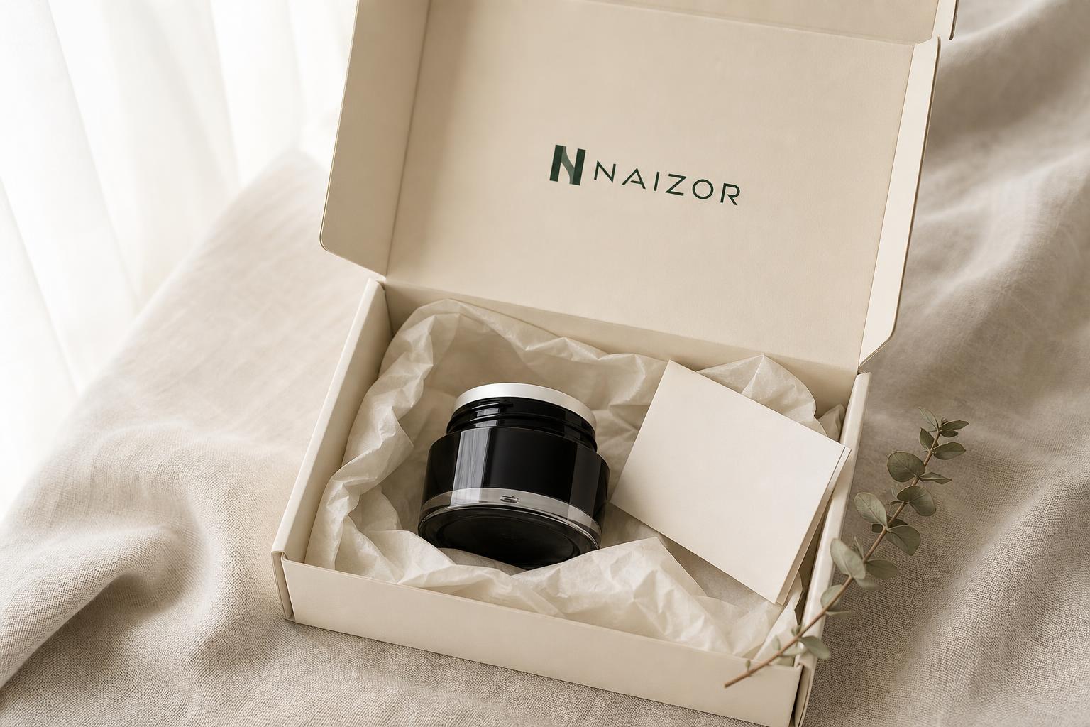 Commande NAIZOR emballée dans une boîte crème avec du papier de soie