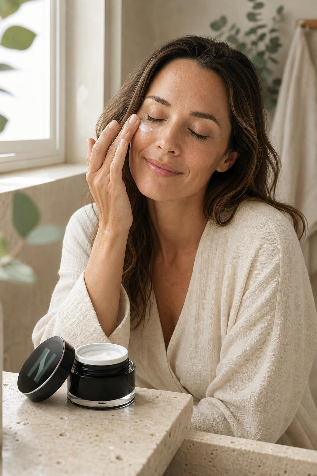 Femme appliquant délicatement une crème contour des yeux dans la douce lumière du matin